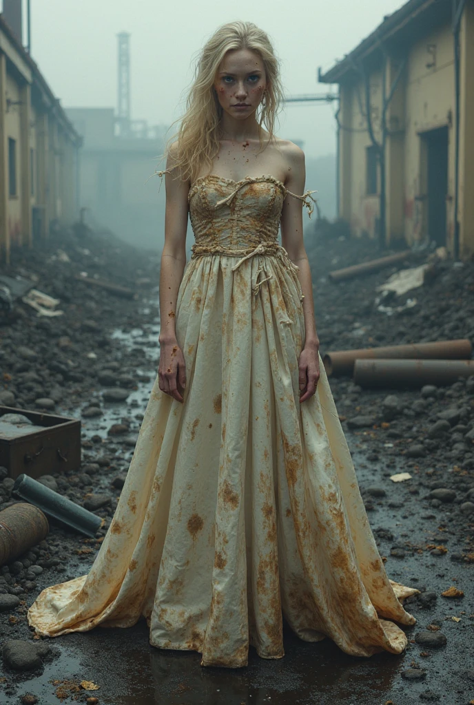 Tres novias europeas,With luxurious wedding dress design Pufy , sus vestidos manchados de manchas de barro , are playing in a muddy puddle, Her mud-stained designer wedding dresses.