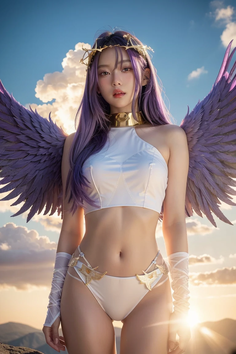 <lora:add_detail:0.7> ,<lora:FilmProvia2:0.5>, goddess outfit, 1girl, long hair, solo, breasts, hair ornament, smile, looking at viewer, gloves, cleavage, blue eyes, huge breasts, purple hair, halo, thighhighs, elbow gloves, angel wings, hair flower, flower,  very long hair,  white gloves, blush, white background, simple background, feathered wings,  <lora:GoddessOutfit:1>,thighs,no panties, bottomless, ((pussy)),pubic tattoo, midriff, navel,strapless,, masterpiece, best quality,incredibly absurdres, 1girl,