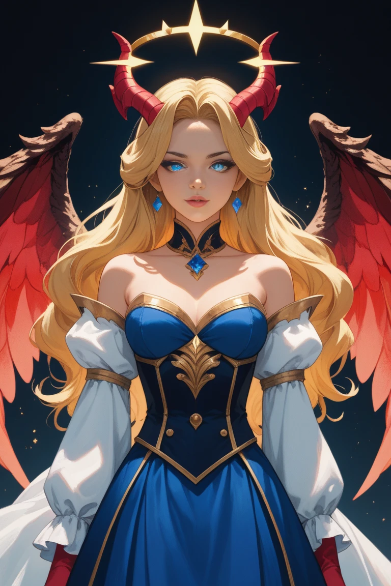16 year old Pamela Anderson, ultra detailed face, ultra detailed blue eyes, long blonde hair, horns, (red dress, skirt), (((masterpiece, large demon wings:1.3)))