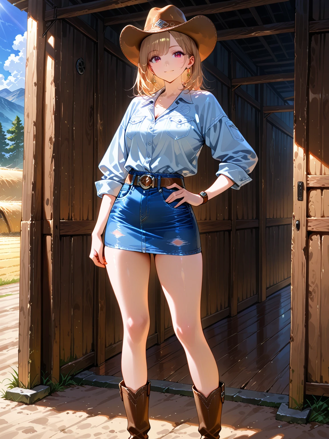 ((full body, standing):1.5), {((1 woman))}, {((wearing brown leather indian clothes, extremely tight and short in the body, short leather shorts and short velvet)), ((big breasts):1.5), ((short pink hair, mohawk, sparkling blue eyes, wearing small feathered headdress)), ((looking at viewer, maniacal smile, making erotic pose, holding a bow and arrow)) , ((in an indigenous village, cloudy sky, it's daytime, plants and flowers, Indians of different ethnicities))}