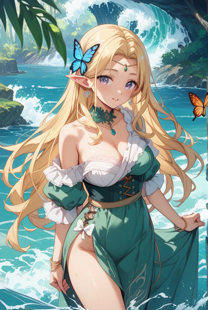 solo, female, sfw, beach, sunny, elf, pointed ears, black hair, twin tails, large breasts, medieval, arms behind back, leaf pareo, long hair