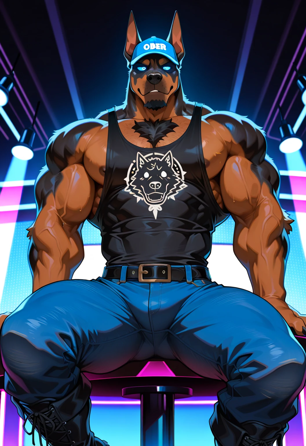 Hyper is a hypnotized bouncer doberman at a ! Solo, alone, A big dumb hunky jock doberman who wears a baseball cap whose rim covers his glowing eyes and looks tough! Muscular , black muscle tank top with the word "OBEY" inscribed in white over the in front and shoulders on back, tough and stupid while on guard duty, night time , pleasure island bar, front view , low angled view, best Quality, high quality, ultra high resolution, Fine Eyes, Exquisite Face , stage performers, handsome, Chest muscles, hair, Abdominal muscles, tight blue jeans, neon lights, bar, null-ghost,Takemoto Arashi, Sexy, Muscle Development, hair, Abdominal muscles, boots, Hyper from visual novel "Wolfstar: Sins and Paradise". Hyper from Wolfstar: Sins and Paradise the visual novel score_9, score_8_up, score_7_up, Best Quality, high quality, Ultra High Resolution, fine eyes, exquisite face, dog, , muscles , Muscular development , muscle line, Thick Muscle , doberman, short spiky black hair, hair , doberman head, ultimate warrior pattern facial fur, intense glowing Blue Eyes ,handsome, Spectacular, fine eyes, strong jawline, short black goatee, dog, Five-Toe , Fluffy fur ,null-ghost,Takemoto Arashi, bara pecs, focus on pecs, muscles, muscular male), set of giant light blue angel wings, Highest Quality, 4k, masterpiece, solo, Amazing Details, highly detailed face, no defects, solo, alone, no watermark, no defects, no watermarks, perfect hands. Dazzling lights, special effects, stage show, Amazing Details, highly detailed face, no defects, no watermarks, perfect eyes.
