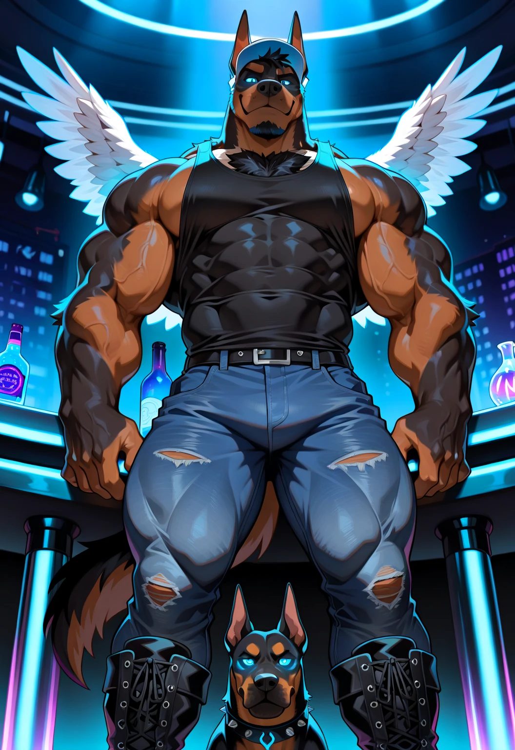 Hyper is a hypnotized bouncer doberman at a ! Solo, alone, A big dumb hunky jock doberman who wears a baseball cap whose rim covers his glowing eyes and looks tough! Muscular , black muscle tank top with the word "OBEY" inscribed in white over the in front and shoulders on back, tough and stupid while on guard duty, night time , pleasure island bar, front view , low angled view, best Quality, high quality, ultra high resolution, Fine Eyes, Exquisite Face , stage performers, handsome, Chest muscles, hair, Abdominal muscles, tight blue jeans, neon lights, bar, null-ghost,Takemoto Arashi, Sexy, Muscle Development, hair, Abdominal muscles, boots, Hyper from visual novel "Wolfstar: Sins and Paradise". Hyper from Wolfstar: Sins and Paradise the visual novel score_9, score_8_up, score_7_up, Best Quality, high quality, Ultra High Resolution, fine eyes, exquisite face, dog, , muscles , Muscular development , muscle line, Thick Muscle , doberman, short spiky black hair, hair , doberman head, ultimate warrior pattern facial fur, intense glowing Blue Eyes ,handsome, Spectacular, fine eyes, strong jawline, short black goatee, dog, Five-Toe , Fluffy fur ,null-ghost,Takemoto Arashi, bara pecs, focus on pecs, muscles, muscular male), set of giant light blue angel wings, Highest Quality, 4k, masterpiece, solo, Amazing Details, highly detailed face, no defects, solo, alone, no watermark, no defects, no watermarks, perfect hands. Dazzling lights, special effects, stage show, Amazing Details, highly detailed face, no defects, no watermarks, perfect eyes.