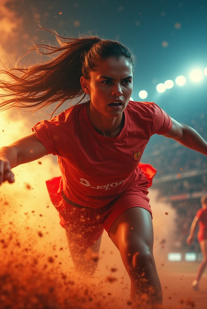 digital concept art of ultra beautiful Korean woman wearing a red shirt with black pants, red ponytail hair, very healthy, running after (a soccer ball) inside a stadiuml, flare, in motion, mid air, night, jay anacleto, best quality masterpiece