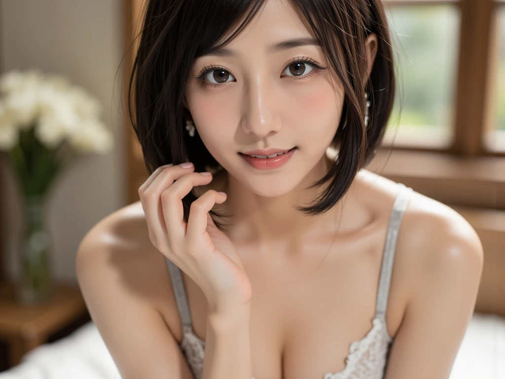 (sfw:2、table top, highest quality、ultra high resolution、face focus focus、focus on the sides、navel focus、decolletage focus、very attractive beauty、Add intense highlights to your eyes、look closely at the camera:1.4、Absolutely beautiful bangs:1.4、Brunette short bob hair with bangs:1.4),1 girl, Report, black haired, realistic, looking at the viewer, pale black eyes, short hair, lips, lip gloss, Upper body、Big eyes、eyelash)、((hyper real stick:1.4))、((short hair with bangs:1.4、Beautiful bangs with 46 points:1.4、{Huge|big|Hugeな|mega} chest:2, cleavage:2、Big eyes、Give students very powerful highlights、very bigger chest、look at the audience、very beautiful beauty、show me your ears、beautiful long neck、beautiful decollete、smile、A smilee　beautiful teeth、Open your mouth and smilee))、28 years old、very cute super model、perfect anatomy