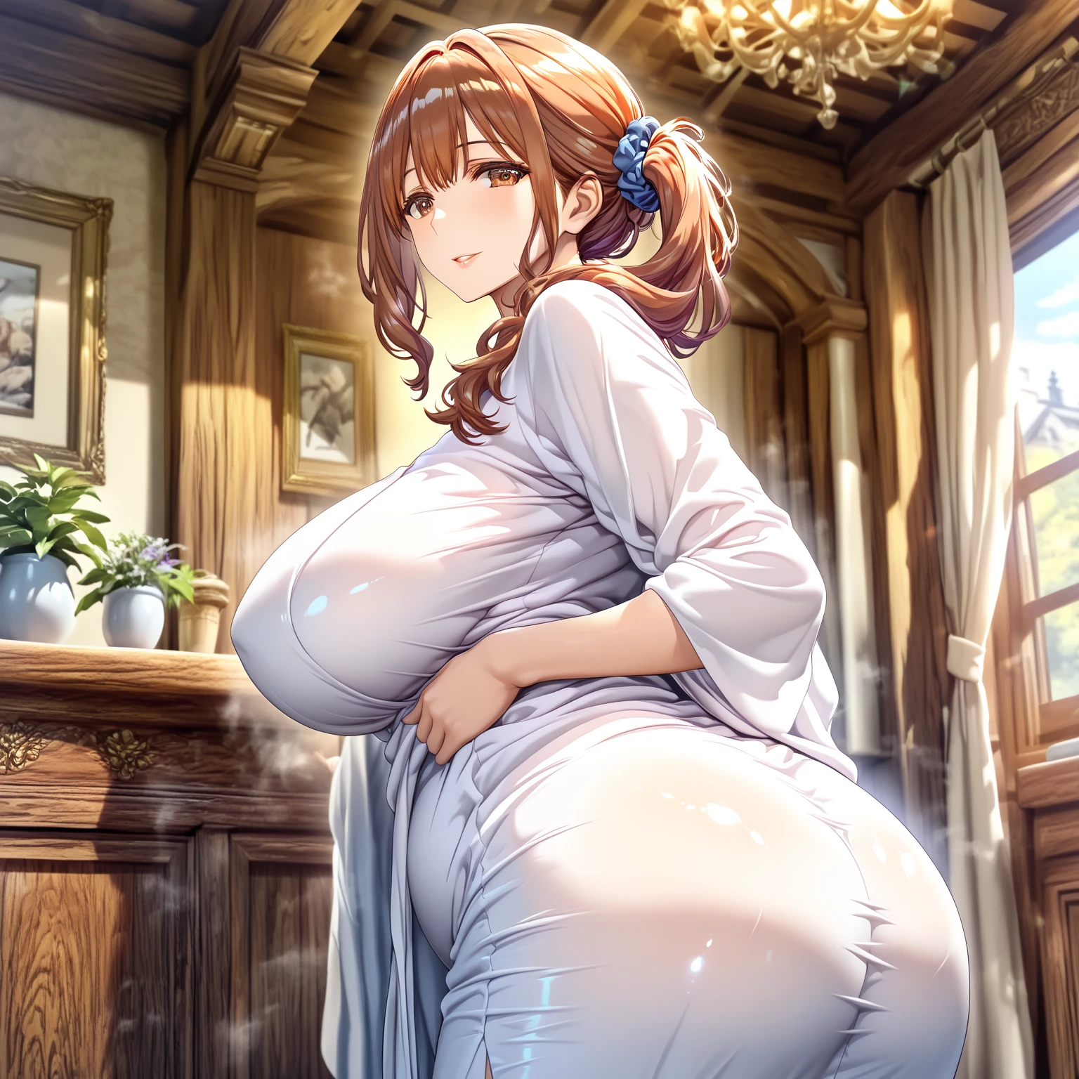 (Semi-realistic girl, facing away, big butt:1.9, wide hips:1.9, thick thighs:1.9, long dress),(view from behind),(sensual, alluring),(soft light, natural environment),(calm, peaceful)