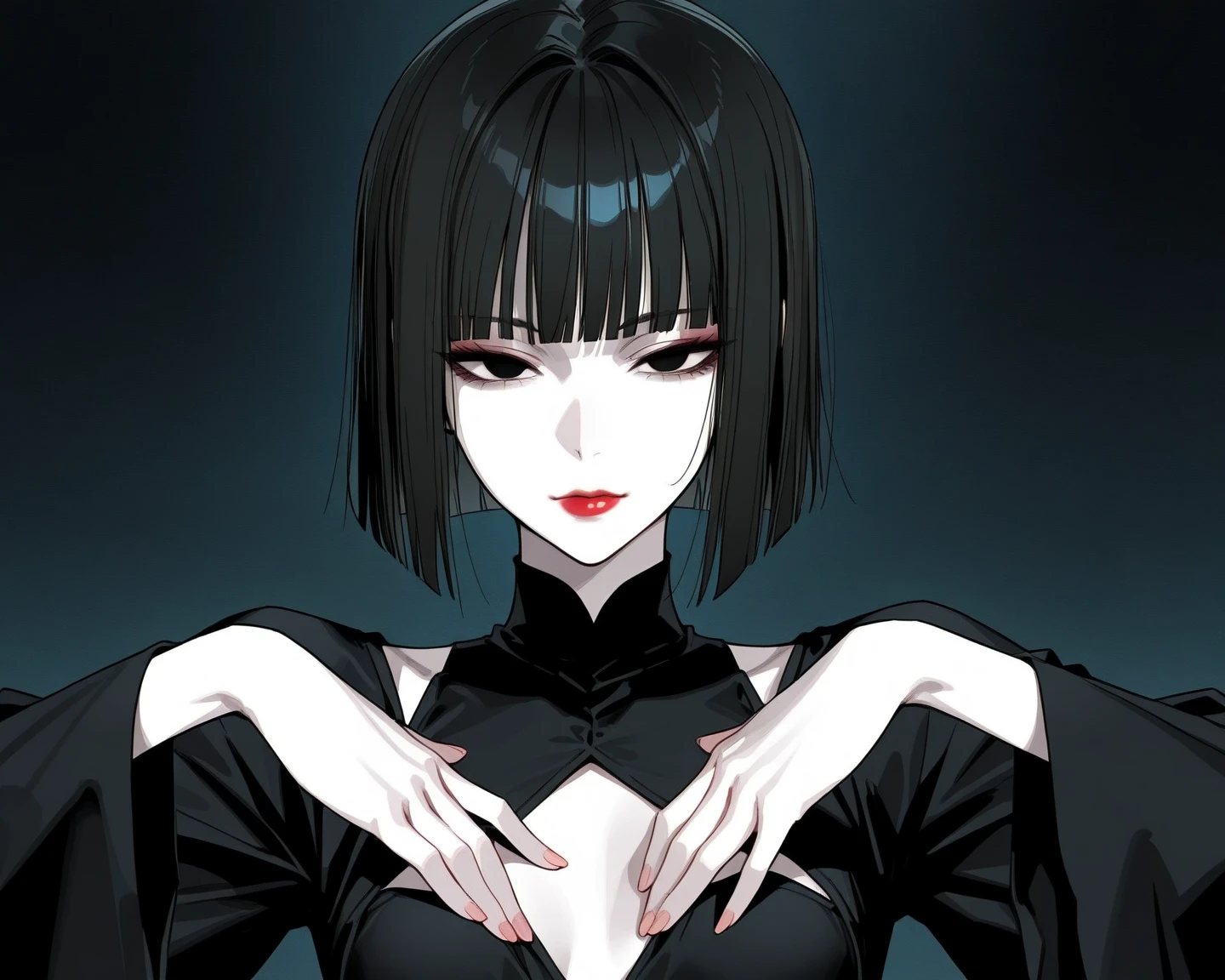 tsuruta ichiro, Narrow-eyed, 1girl in, Allback、deadpan、short-hair、shorth hair、brow、Reluctance、A dark-haired、Tucked Hair Solo, Cowgirl, Onepiece,  ((mideum breasts)),  Thin slit eyes、Black eyes, Light shines on the eyes、Black hair, gloves, Dress,  Luxurious Jewelry, earrings, sharp eye、 elbow groves,Raise your hands and tie your hair back, random color, random color dress,  Makeup for long eyes, Slender eyes、lip stick, Complex petal pattern, Rim Light, Back Light, pastel color,Studio Lighting