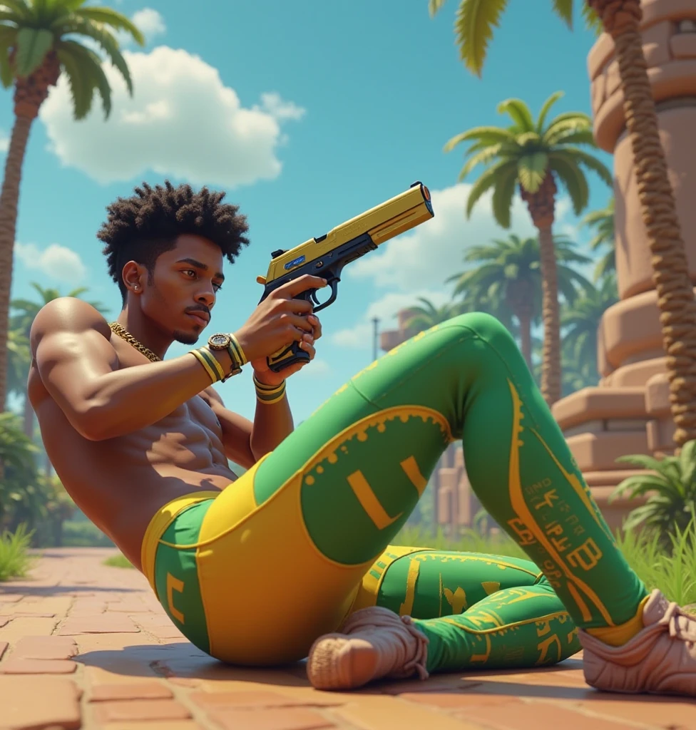 good quality, ultra high resolution,masterpiece, 8K,(reality,detail)One wearing green short sleeves,Wearing a lemon baseball cap,Lemon pants,brown leather boots,Burly African man,Walk in the desert,whole body effect((from head to foot))