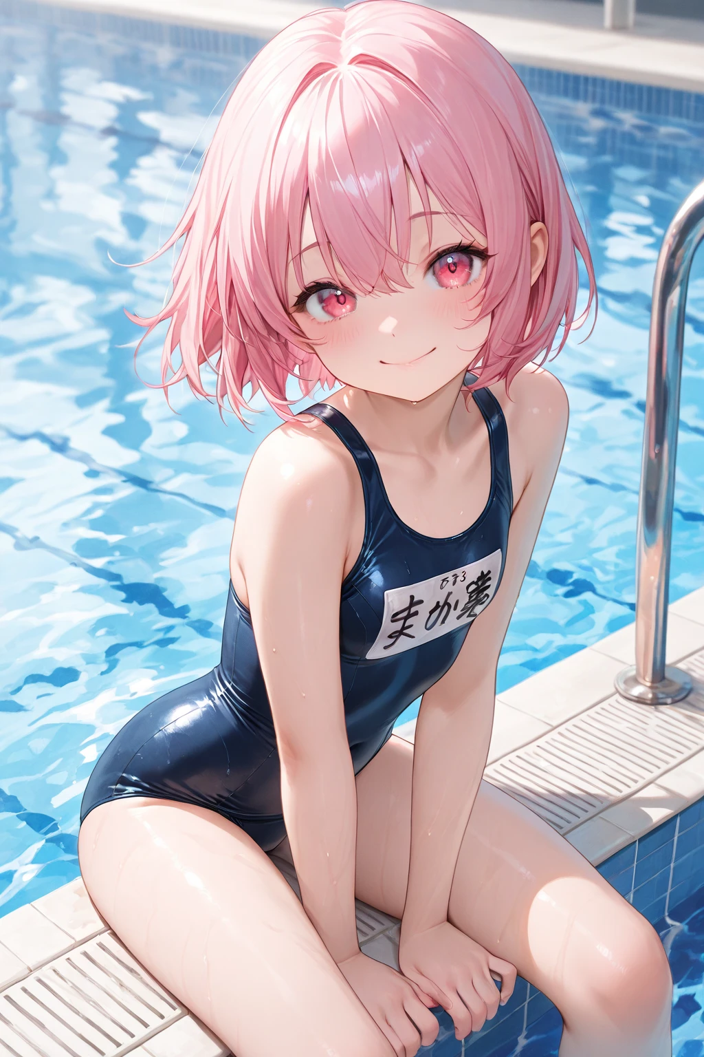 ((Bright pop-colored swimsuits, lying on the water and floating)), , skinny, solo, 1 woman, Masterpiece, highest quality, highest quality, 16K, incredibly absurd, highly detailed, 2.5D, delicate and dynamic, very delicate facial expressions, delicate eye depiction, erotic, only sexy woman, healthy figure, 25-year-old woman, bride, 160cm tall, medium firm swaying bust, (short hair), (pink hair:1.5), bob cut, black eye, blush, Sweat,Embarrassed,sexy, ((thin thighs)), (visible nipples:0.7), (camel toe:0.3), ((shiny and lustrous)), facing straight at viewer,Navel, tan skin,