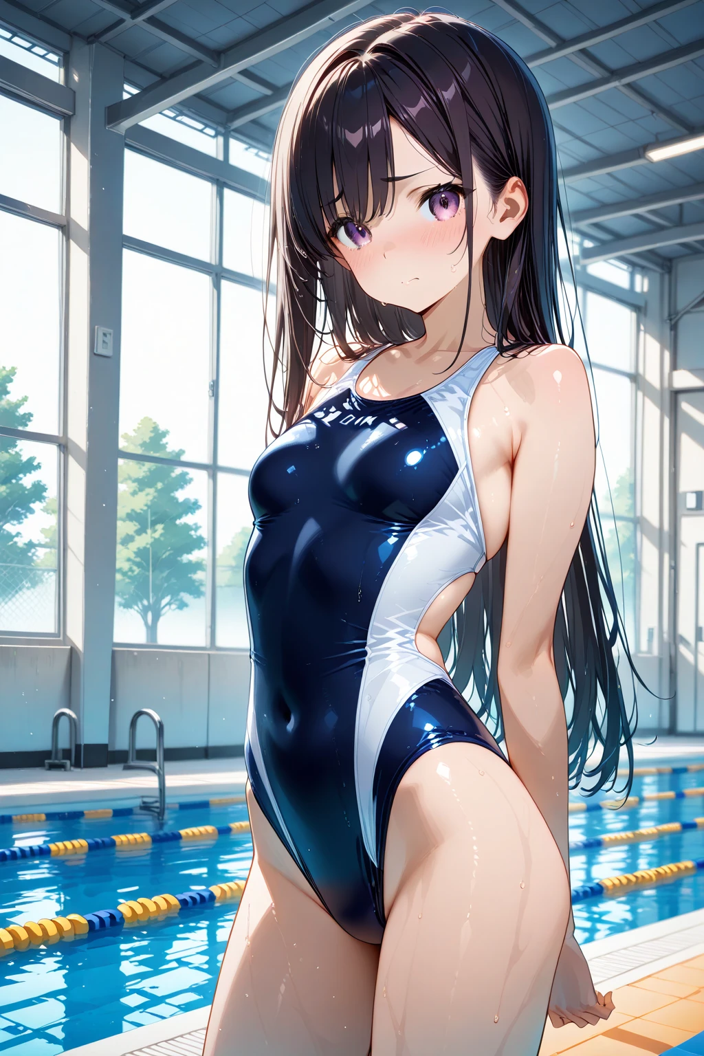 ((2D Beautiful Girl、highest quality、Perfect Finger 1.3、Perfect Anatomy 1.3、Very delicate and beautiful illustration))、pretty girl、(Conversion Sequence)、((Swimwear))、14 years、Slender beautiful girl、Fractal Art、Baby Face、((Straight Long Hair))、Big droopy eyes、Laughter、Full-body display、(1 person)、Long sleeve、School swimming pool、Are standing、