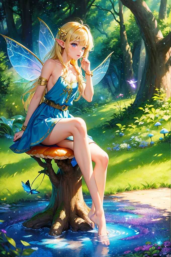 (masterpiece)8K分辨率、top-quality、Boy Fairy、beige blonde hair、Turquoise eyes、Hazel Eyes、fantasy-inspired、The tree々Background of sunlight shining through、Delicate full-body image