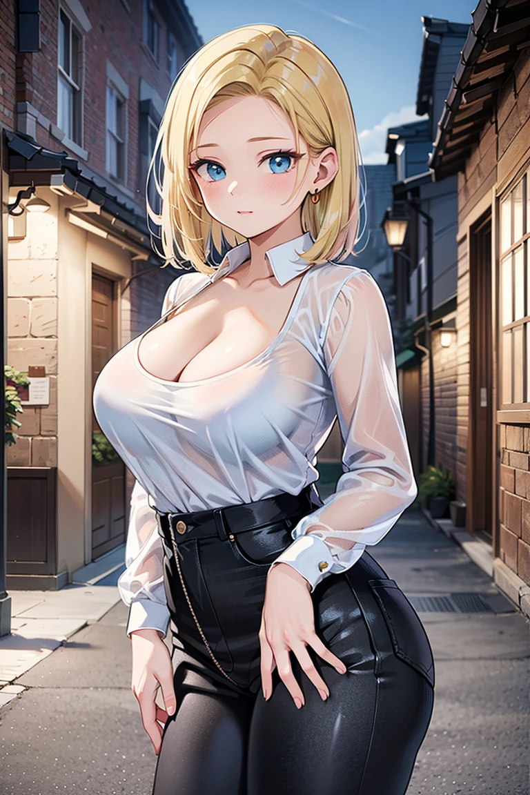 2D Anime Style、Blue eyes、Beautiful shining eyes, (Talented lo-fi:1.3),breasts are slightly larger、high and beautiful nose,Beautiful face with slender contours,A cool adult woman with short blonde hair and a sharp expression.............、Fashion that shows cleavage, He is wearing a white shirt and leather shorts.,walking down the streets of america,