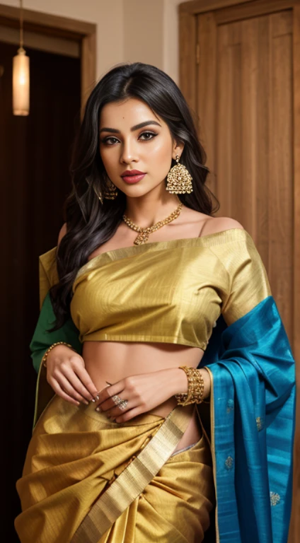 (stacked papercut art by kiri ken) of a indian princess, black hair, wavy hair, green eyes, petite, wearing Banarasi silk saree in rich maroon, woven with intricate gold brocade, draped in traditional style, complemented with gold jewelry including a matha patti, necklace, earrings, and bangles, delicate jhumar headpiece adorned with rhinestones, award winning, very aesthetic