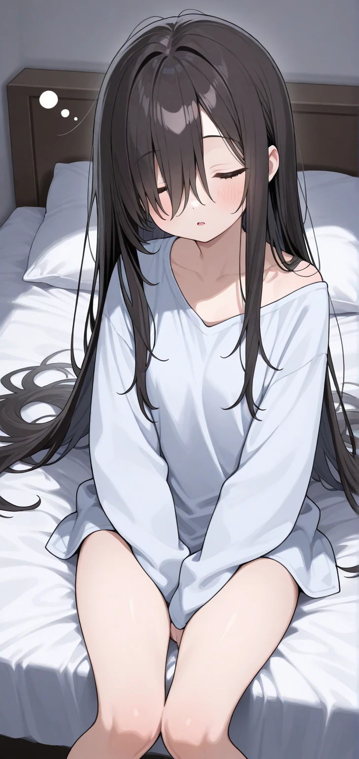 Misako amamiya,perfect ,black hair, long hair, (hair over one eye:1.4), messy hair, hair between eyes, hairclip,plump, chubby,fat, cute motif pajama, cute shy blush on , bedroom