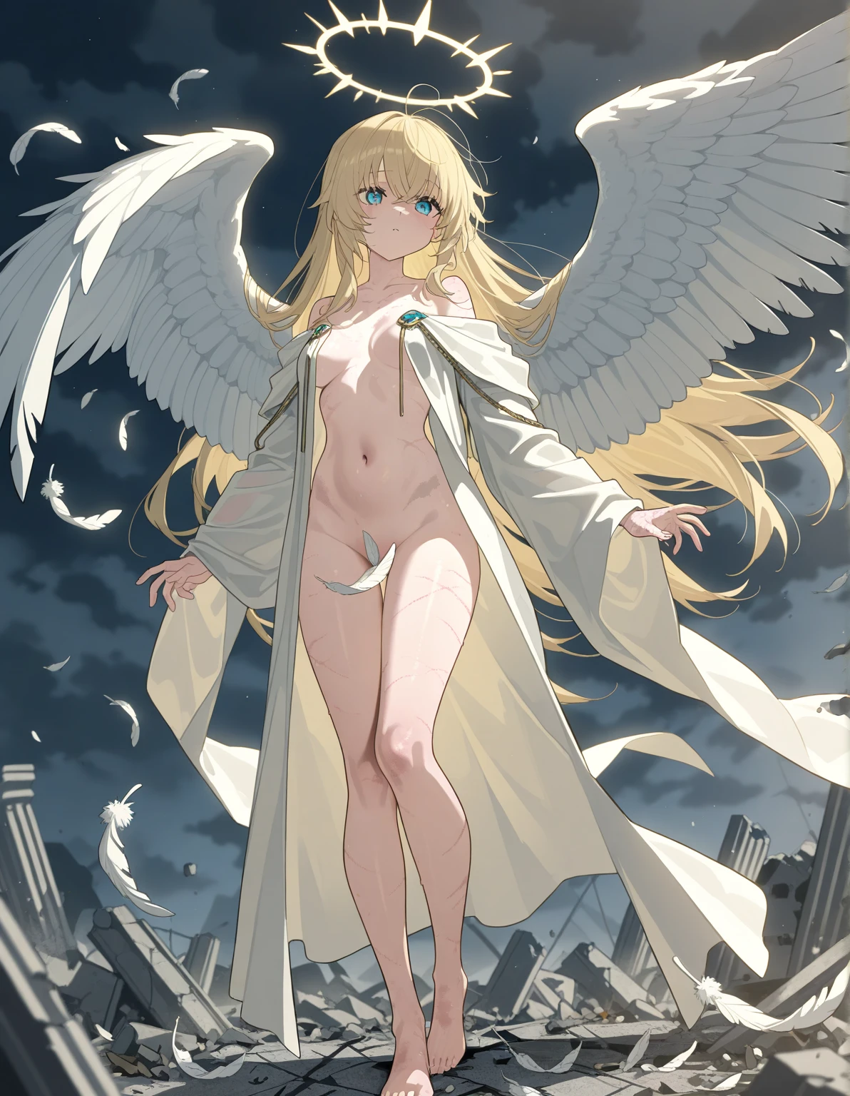 Anime. 1 Girl. Cute girl. Angel. Slave. Blonde. Long hair. Blue eyes. Beautiful eyes. Perfect eyes. Expressive eyes. Ideal face. A face about to sneeze. Sneezing face. Beautiful nose. Snotty nose. 16 years. Big breasts. Beautiful breasts. Pointy ears. Cold. Allergy. Runny nose. Nasal mucus. Snot. Snot flows from the nose. Snot flies in all directions when you sneeze. She's having her period. Her crotch is bleeding. Her panties were stained with the blood of menstruation. Menstrual blood flows down the thighs. Ideal anatomical body. Beautiful long legs. The whole body is covered with scars. Angel wings. White wings. Dirty tunic. Torn tunic. dirty panties. Torn panties. Barefoot. Slave collar. Shackles. Standing. Full height. Fantasy. City. Street. Many people. Beautiful character design. Shiny skin. Full body. nsfw. Scat. Official art. Extremely detailed CG Unity 8k wallpaper. Ideal lighting. Ultra high resolution 4K. Super detailed 8K. A high resolution.
