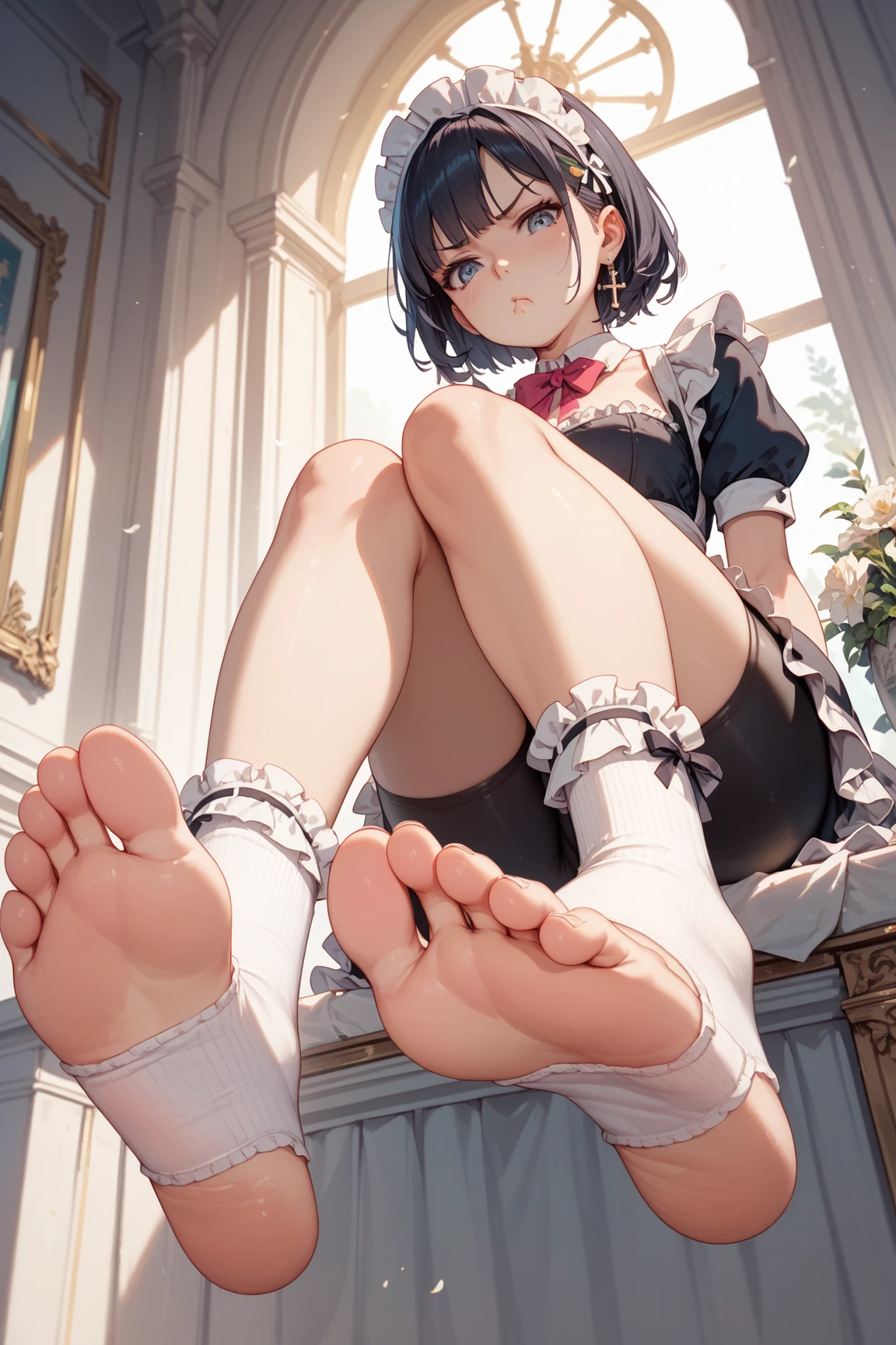 (masterpiece:1.2, highest quality), (live-action, Intricate details), 1 Female, alone, Upper Body, showing 足, Raise your legs, Showing off the soles of your feet, Correct anatomy of the foot, 5 toes, Minimal makeup, Detailed face, (With bangs), (Short hair), (A and cute girl), (Smile face), Clear facial features, Beautiful girl,