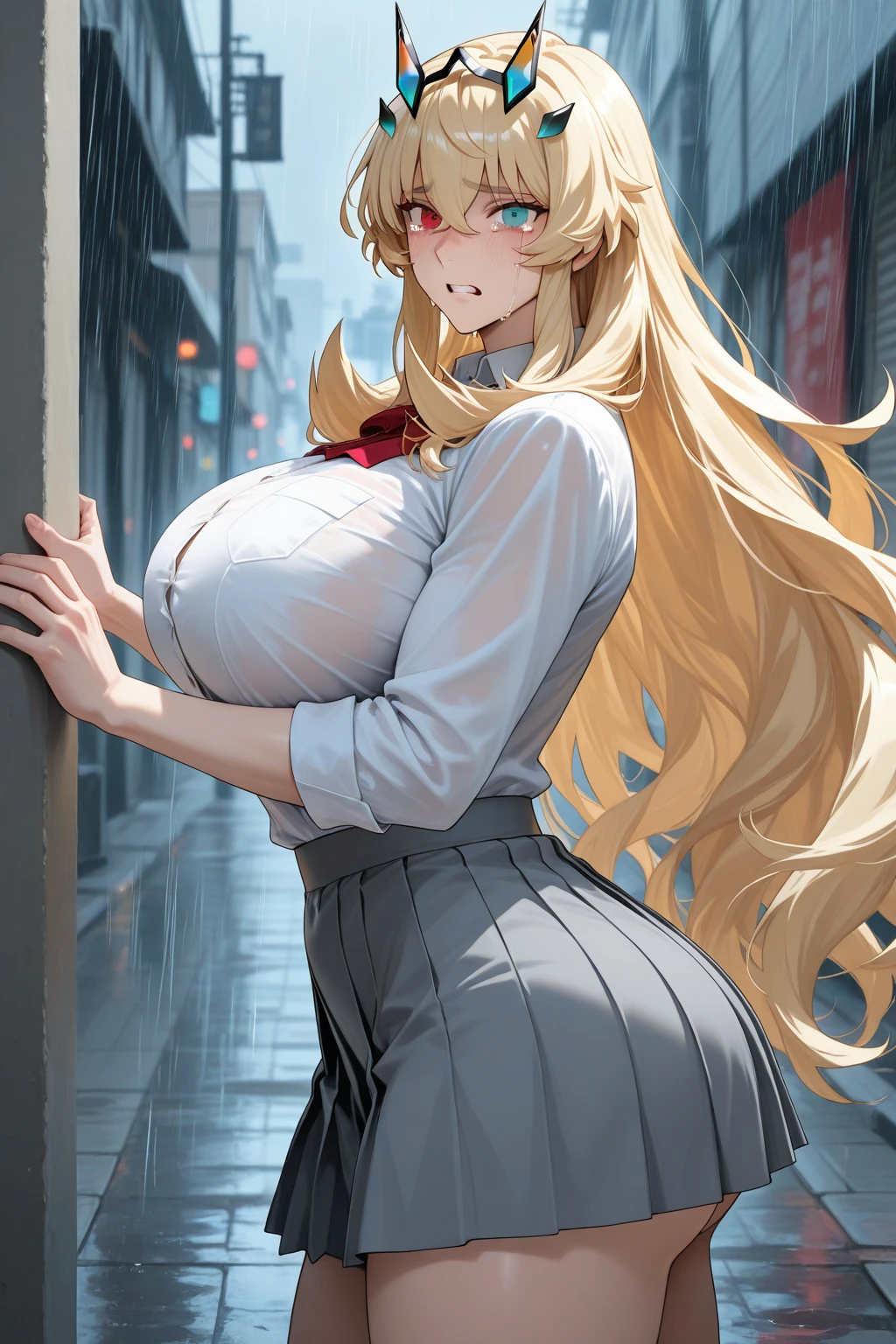 (hot thicc ass), (large breasts), Ichinose Asuna, light brown hair, blue eyes, very long hair, hair over one eyes, halowhite shirt, pleated skirt, blue bowtie, , skinny, slim thick, 8k, at a street, smiling, beautiful face