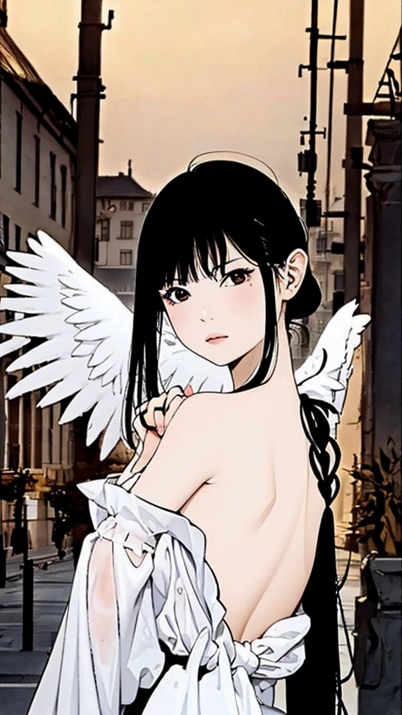 <dalcefo, realistic, chromatic aberration, cinematic light, finely detailed face>, portrait, :), Best quality, masterpiece, full body, brilliant colors, a girl, strapless white dress, sky, complex background, flying, white butterfly wings, long black hair, looking down, looking into the camera, lake, reflection, flying birds, delicate face <lora:akemiTakada1980sStyle_1:1.1>