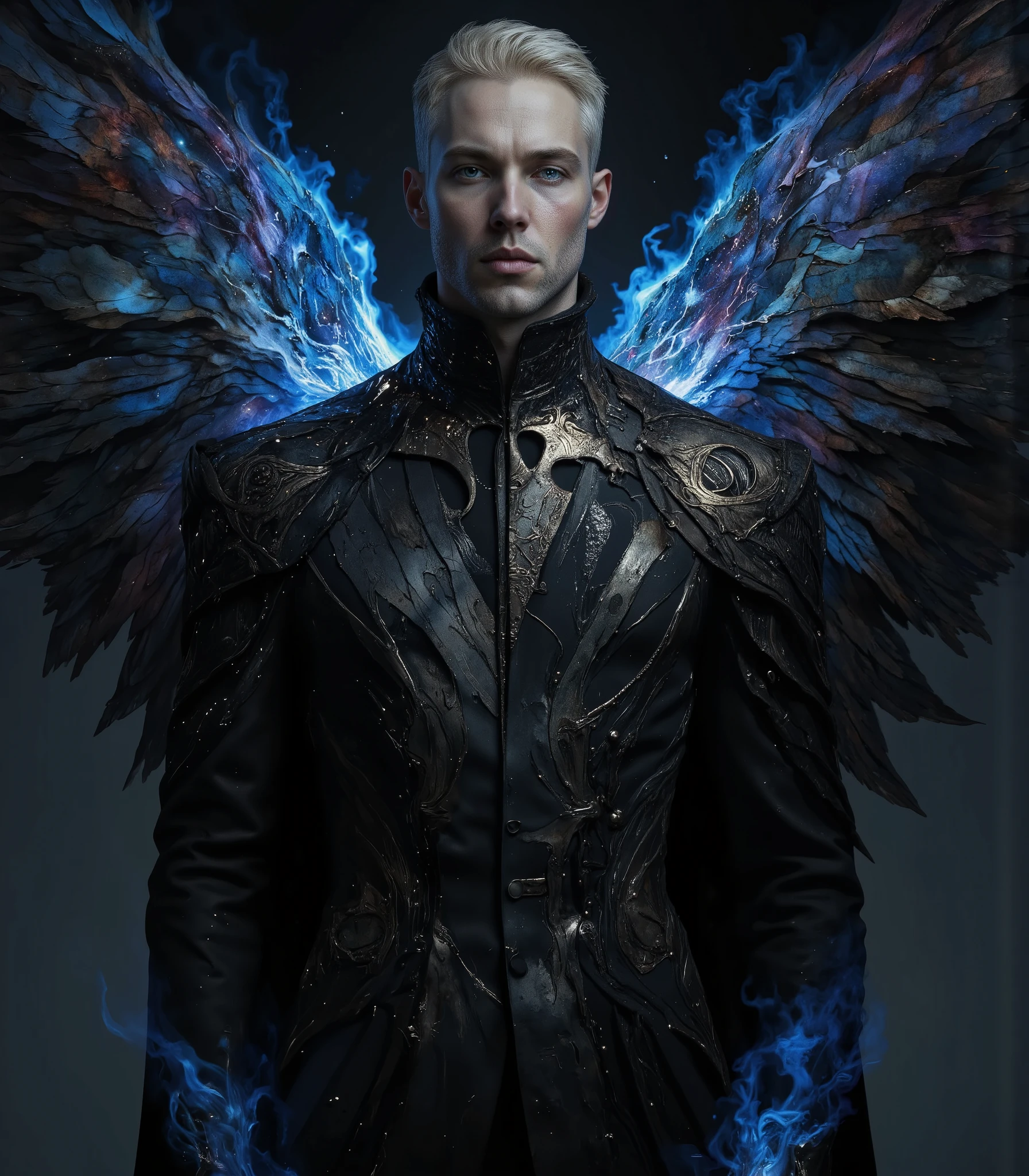 Cinematic hyper real dark theme dark fantasy, horror art, body shot of a confident 38 year old man with short, white hair and bright blue eyes behind sharp aquiline facial features. He is impeccably dressed in a sleek, black, high-collared coat and tailored ves twith intricate angelic script in silver, giving him an elegant yet mysterious appearance. Slim but tall proud with majesty, large wings spread outward glowing with blue fire, illuminating the dark, cosmic background with shades of indigo and purple. The lower part of his coat appears to be smoking, adding to the dramatic, supernatural atmosphere. The overall scene is intense and otherworldly, blending elements of dark fantasy and celestial power, nobility mixed with something one shouldn't see. He is part mythological lion dragon angel monster saint The whole thing is incredibly detailed., both the handsome being of radiance and the celestial fantasy aidmafluxpro1.1 no humans dahuangdongjing