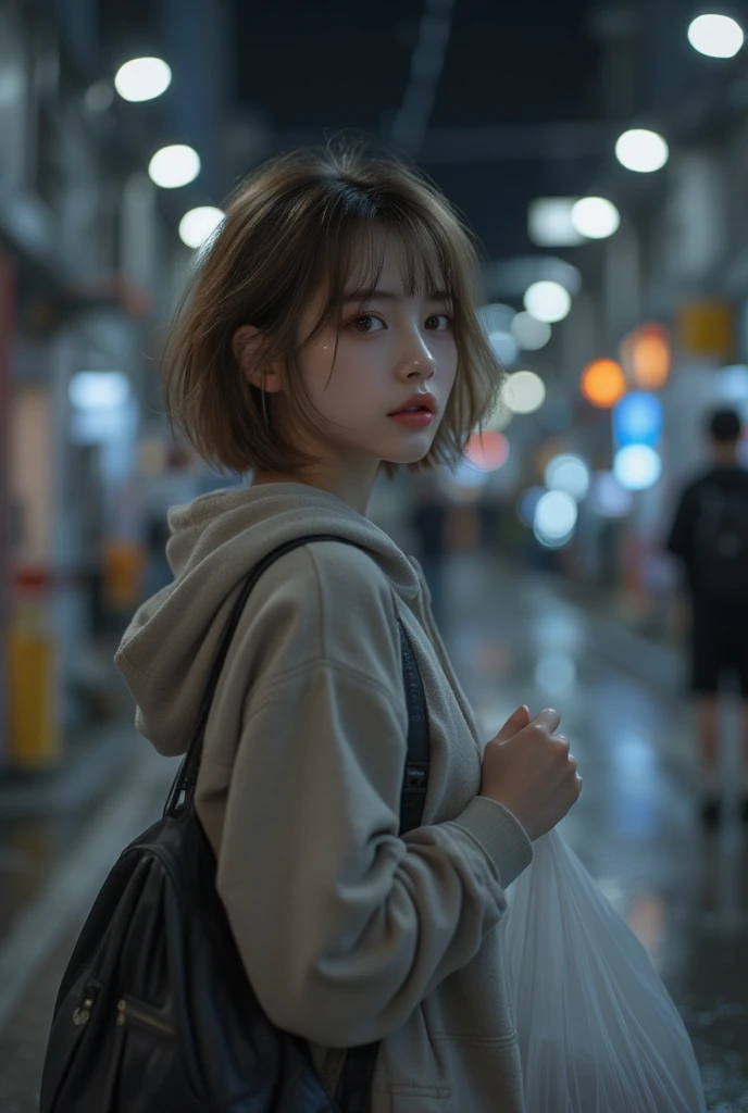 Best quality, face focus, soft light, (depth of field), super high resolution, (realism: 1.4), RAW photo, portrait: 1.4, (walking), city, 1girl, solo, cute, shy, (smile: 1.2 ), (brown eyes, catch light), delicate and beautiful skin, (dark_hair ), (small chest), (formal outfit: 1.4, white shirt, bag, skirt),