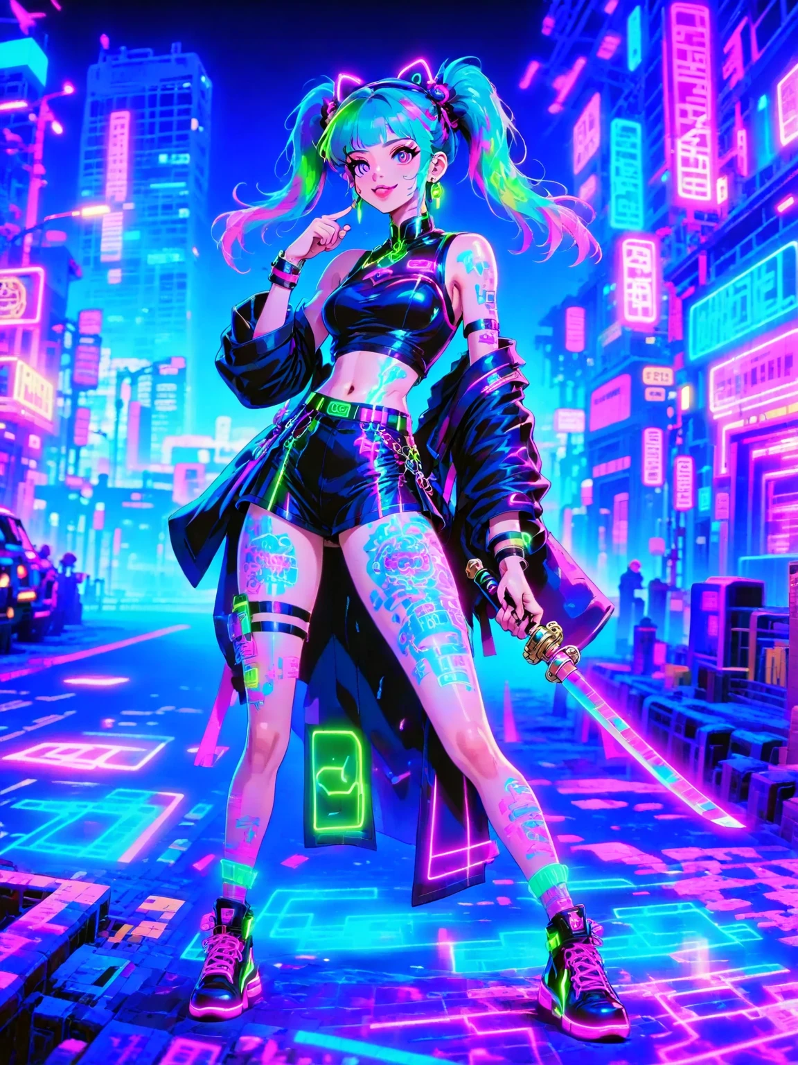 (Neon),Circuit Board,Detailed drawing of an alien girl dressed as a space ranger, Alien Landscape, Decorated with vibrant, Otherworldly flowers, Spacecraft crash, Sci-fi wonderland, full of imagination, Space exploration, More details, Yoko Tono, Ponytail, scarf, (Bikini Top:1.5), (shorts), diaphragm, belt, Fingerless gloves, skull hair ornament, Elbow gloves, pink thighs,(Ultra HD, masterpiece, precise, Anatomically correct, textured skin, High Detail, high quality, The award-winning, 8k)