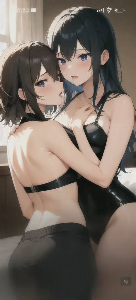 anime styled, Anime Artwork,The ultra -The high-definition,超A high resolution, two beautiful girls, A black-haired girl lying down and a girl with blonde twintails straddling her waist as if covering her., Looking at each other, two people love each other, lesbian, Face with a grin, Both of them have embarrassing expressions of pleasure.,Letting out a gasp, Pretty lips,Neither of them are wearing clothes.,Not wearing a bra,no-bra, well-shaped and taut breasts,, Breasts around D cup, No panties, Panties,((barechested:1.4)),legs wide open,The areola is clearly visible., fullnude,bare-legged