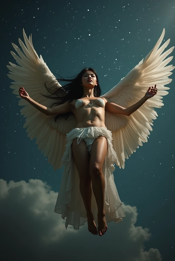 ((((looking camera)))) (((Full body photo of sexy woman with huge wings sitting on the streets with smoke and fog, on fire under the pouring rain at night, on the other side of the city, illuminated by the city lights and with his whole body wet))). feeling cold. It captures the intensity of the rain falling on the woman as she runs. Focus on the woman's facial expression, Showing determination despite the rain. It creates a contrast between the darkness of the night and the city lights that surround it. Make sure the woman's white T-shirt is soaked and stuck to her body. Use lighting techniques to highlight raindrops in the air and on women's clothing. Make wet streets reflect city lights to create a cinematic atmosphere. The perspective should be from a low angle to emphasize women's vulnerability in the rain... Add flare to city lights to create a bokeh effect in the background. Use cool colors and blue tones to convey the feeling of cold in the image.