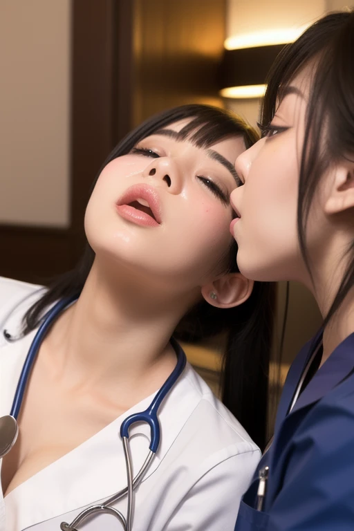 8K quality、High resolution、Two Nurses、Realistic skin texture、Two women love a penis sandwiched between them、High resolutionの肌、Women licking a man&#39;s penis with their tongues、Princess Hair、thin、Small and young breasts、Open the mouth to reveal a realistic tongue、Beautiful cleavage、Gray Hair、blue eyes、thin脚、Blonde French braid、、Full Body Shot、Wetting、Tearing clothes