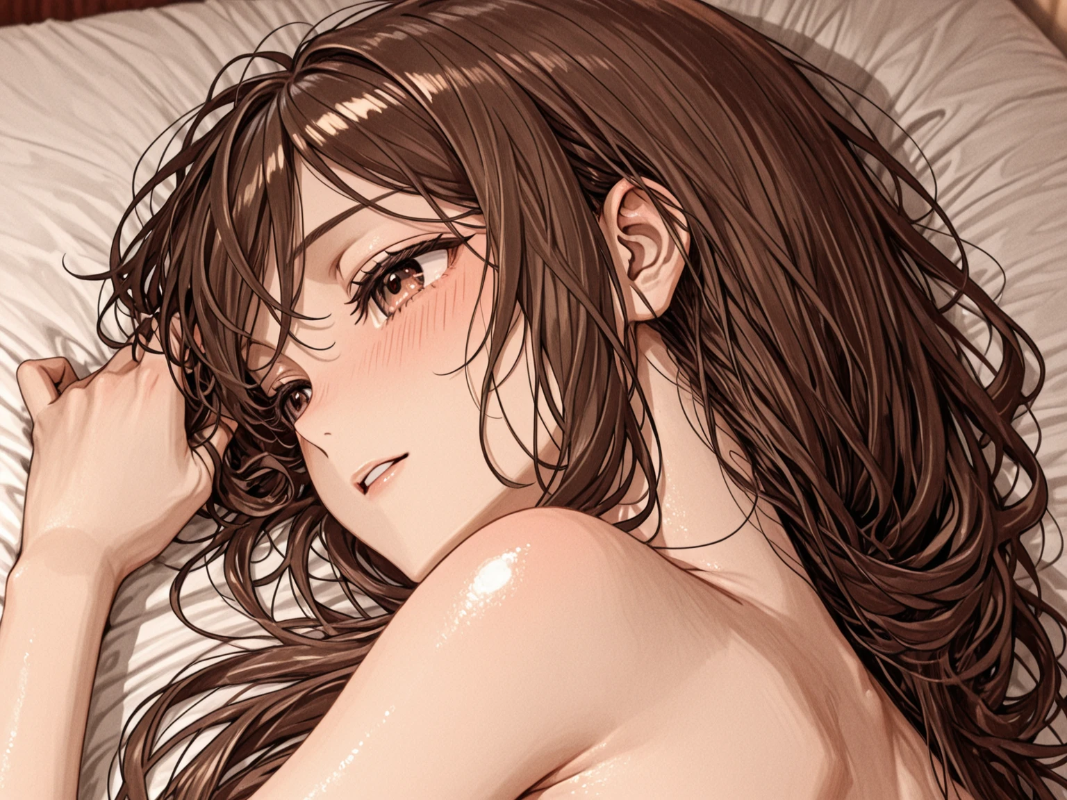 ((nsfw, masterpiece, best quality)), ((super high resolution)), (photo realistic), best shadow, (sharp sketch, illustration:1.2), high detail, very detailed, (nice hands, perfect hands), (POV, face focus:1.4), ((1girl and 1 boys)), beautiful girl, 24 years old, pink eyes, (brown long hair:1.5), (normal breasts:1.3), glossy skin, (view from above:1.3), (very slender:1.3), (cute face:1.3), midnight, (nudity:1.4), japanese, beautiful face, angel face, japanese famous idol, thin lips, detailed facial features, facial and skin texture, Crisp focus, perfect beautiful body and face, pink small nipple, beautiful face, perfectly in focus, long bangs, underhair, (in the bedroom:1.3), all body, (embarrassed:1.2), (spread legs:1.3), (drool:1.3), (wariza:1.4), (sweat:1.2), (spread legs:1.4), (sex:1.3), (look up:1.4), (cum from crotch:1.5), (hands behind hip:1.4), (cum on face:1.5)