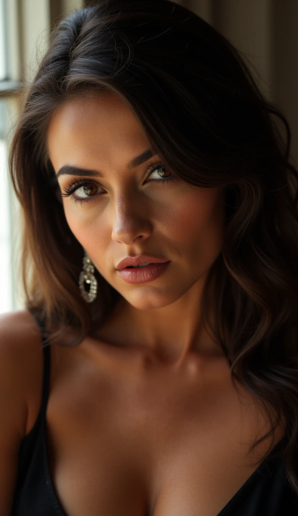 Arafed woman completely , Latin American, fille sexy aux yeux bruns, ultra realist, Meticulously detailed, Portrait Sophie Mudd, cheveux bruns et grands yeux, selfie of a young woman, Yeux de chambre, Violet Myers, sans maquillage, maquillage naturel, looking straight at camera, Visage avec Artgram, Maquillage subtil, Great photo of the whole body kneeling on the bed, dans la chambre, Medium to large bust