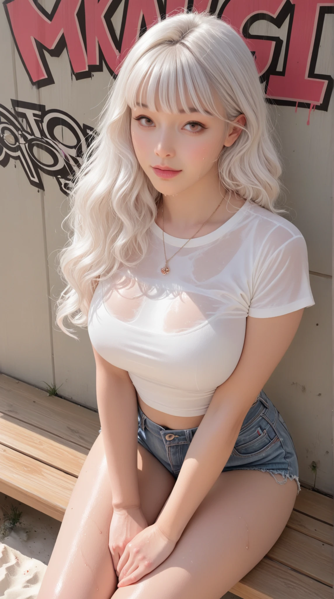 photorealistic, high resolution, 1 girl, white wavy hair, korean, heterochromia eyes, small mole below eye, loose white shirt, tight jean shorts, large breast, large thighs, panty visible