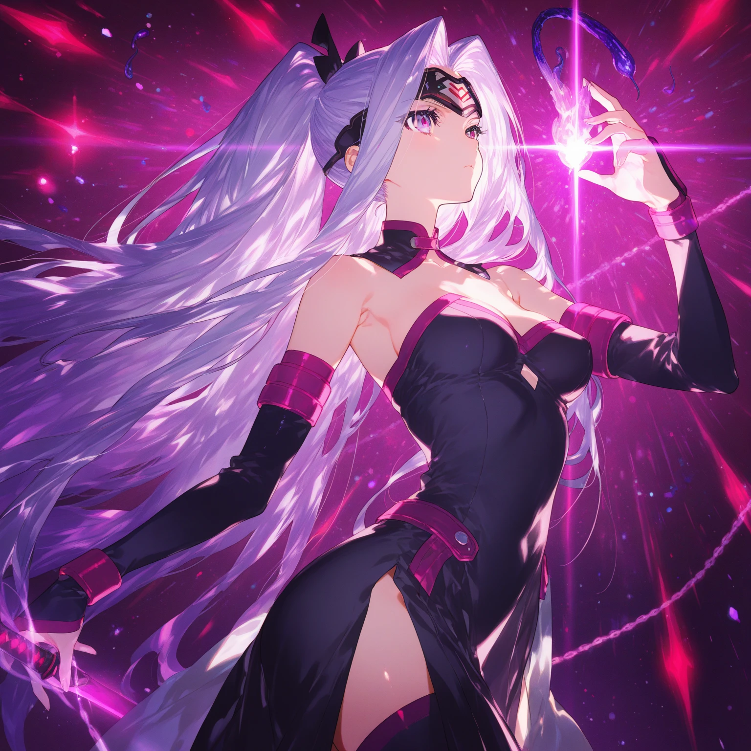 light skin girl, red eyes, lilac hair. super details, with a heroine costume with black and neon purple details. with a serious look. With a small necklace with a ruby releasing red energy. Singing 