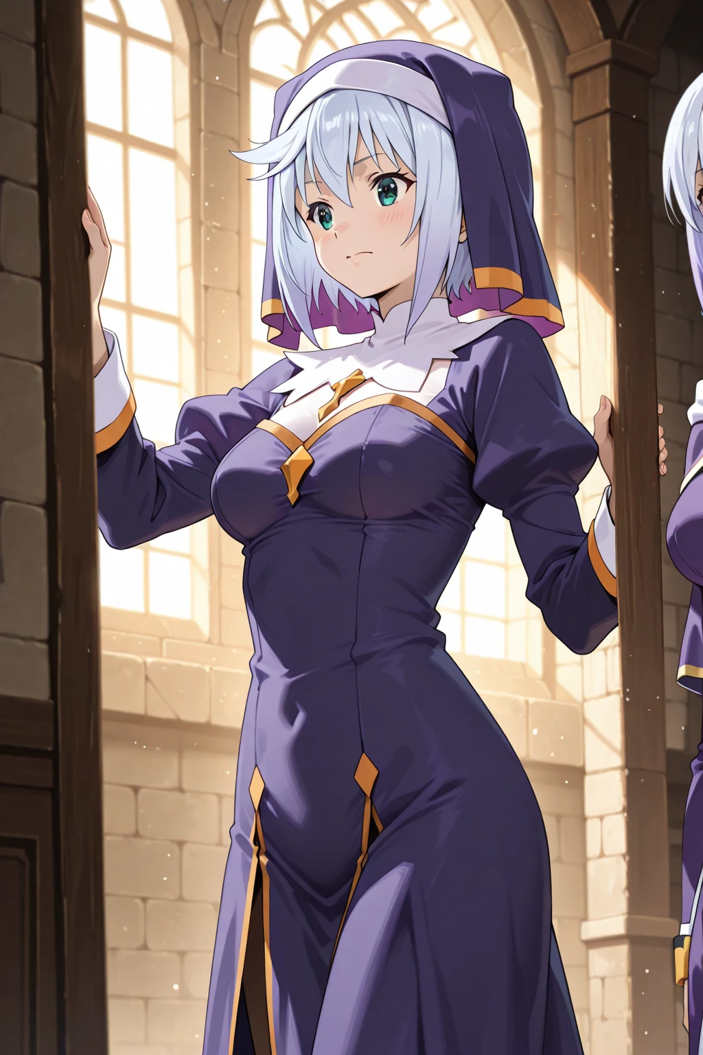 Long silver hair, green eyes, headband, not cool, black tunic, nun tunic, black hood, black underwear, small, smile, happy, beautiful thighs, inside house, turn neck, point of view from the back