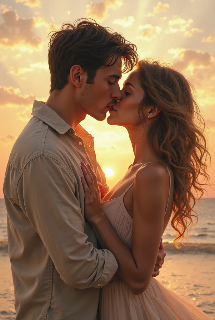 HDR photo, (upper body shot ) of two lovers embracing, detailed face, located in a romantic scene at a beautiful lakeside dock during afternoon with still weather, illuminated by golden sunset, creating a enchanting atmosphere, Masterpiece,best quality, photo, realistic, very aesthetic,