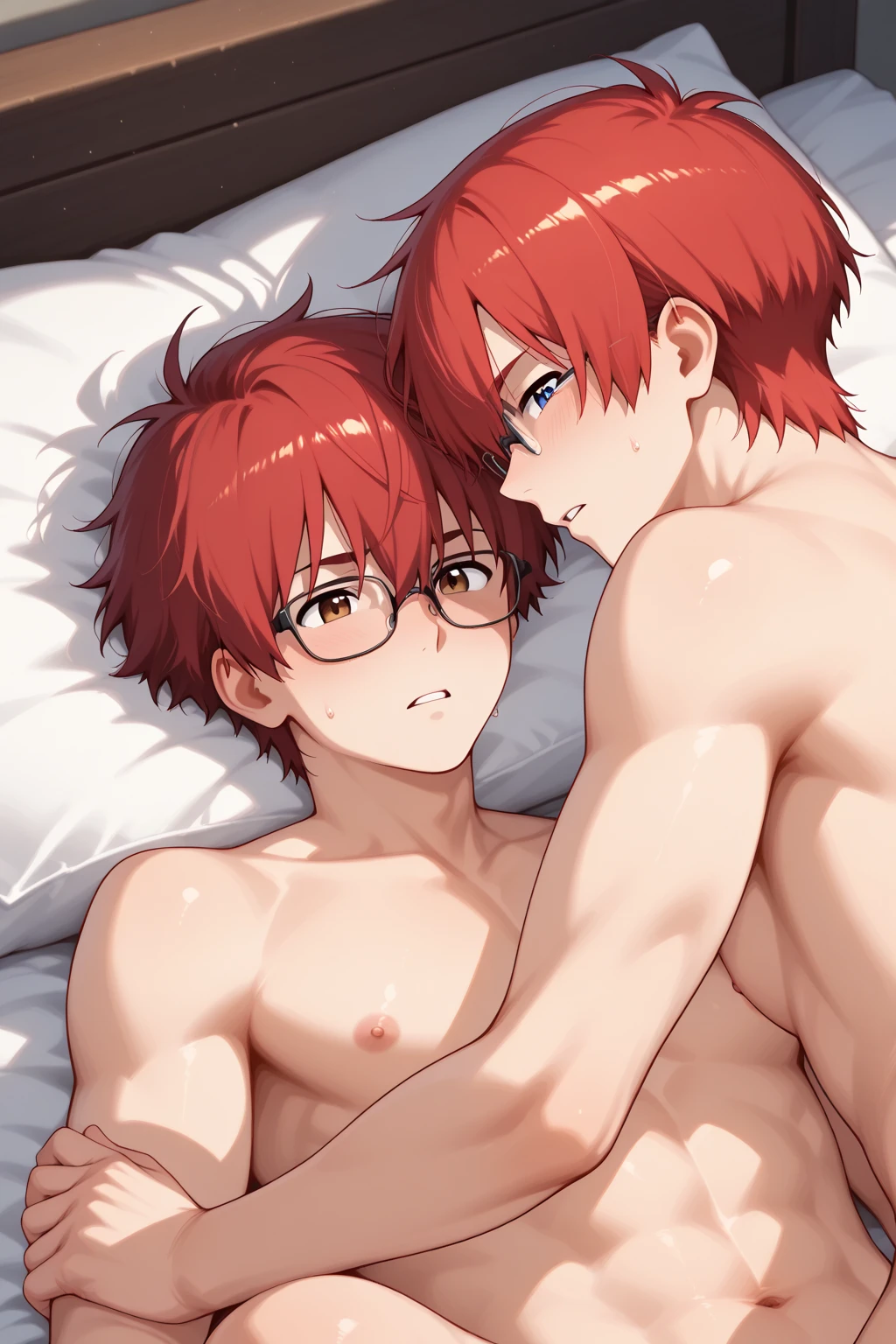 Highest quality, movie quality, two children of a gay couple, a licking nipples in the bedroom, a boy (10 years old, blonde and red hair, slender, upper body is naked, lower body is a jog strap, sweat and breath), the background is a night bed