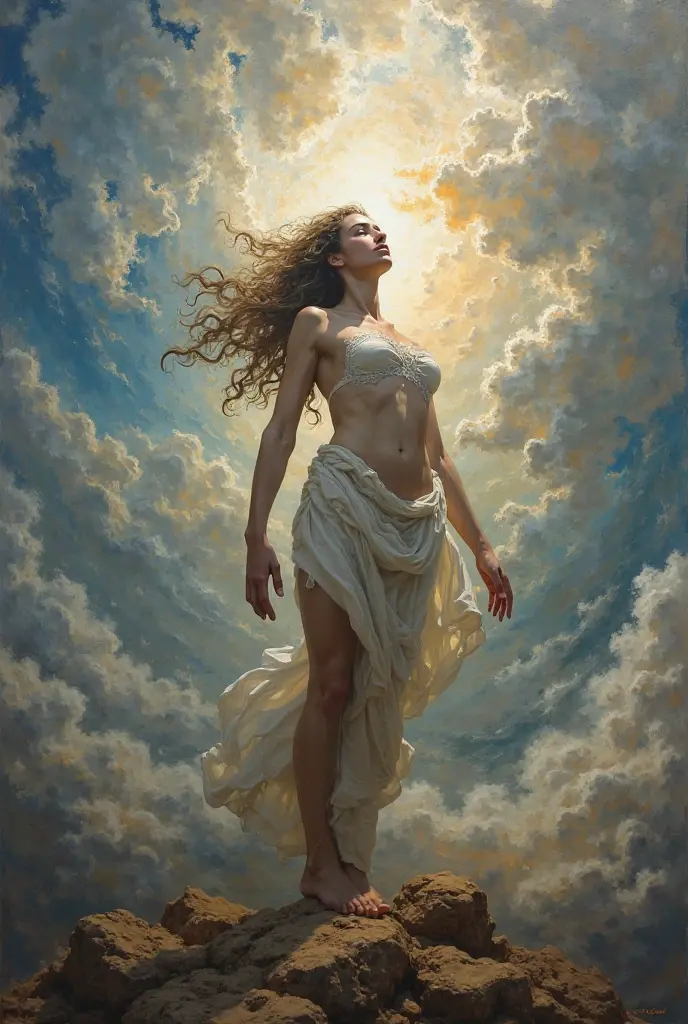 a naked, beautiful woman, arms up, hands behind head, legs apart, flowing black hair, athletic body, dramatic lighting, fantasy landscape, oil painting, volumetric lighting, highly detailed, cinematic, masterpiece, (best quality,4k,8k,highres,masterpiece:1.2),ultra-detailed