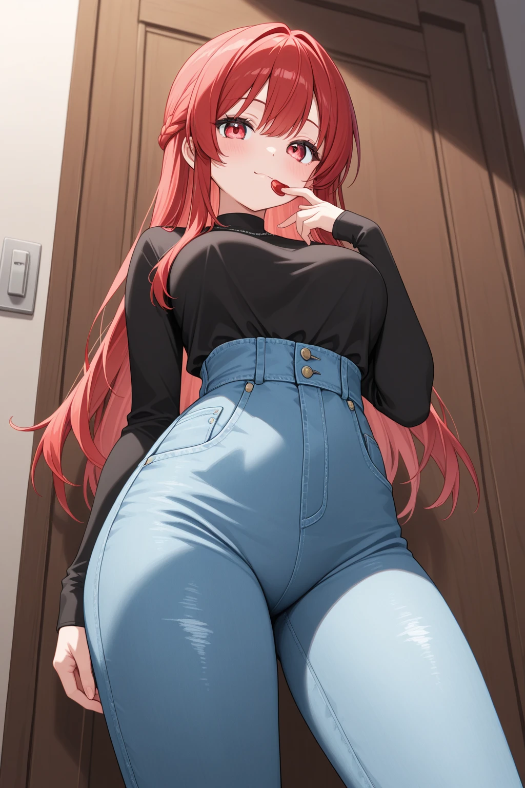 Anime Women、Highest quality:1.2),Detailed face, Lady、Glasses、Braid、Forehead、Big Breasts, Big Ass, Denim jumpsuit、Jumper、sneakers、whole body