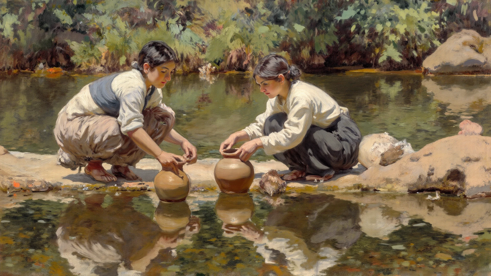 painting of two women washing clothes in a river with a yellow towel, by Fernando Amorsolo, inspired by Fernando Amorsolo, by Herbert James Gunn, by Eugenio de Arriba, luis ricardo falero, herbert james draper, oil on canvas painting, by Herbert MacNair, by Philip de László, by José Malhoa, by Antonio Ciseri