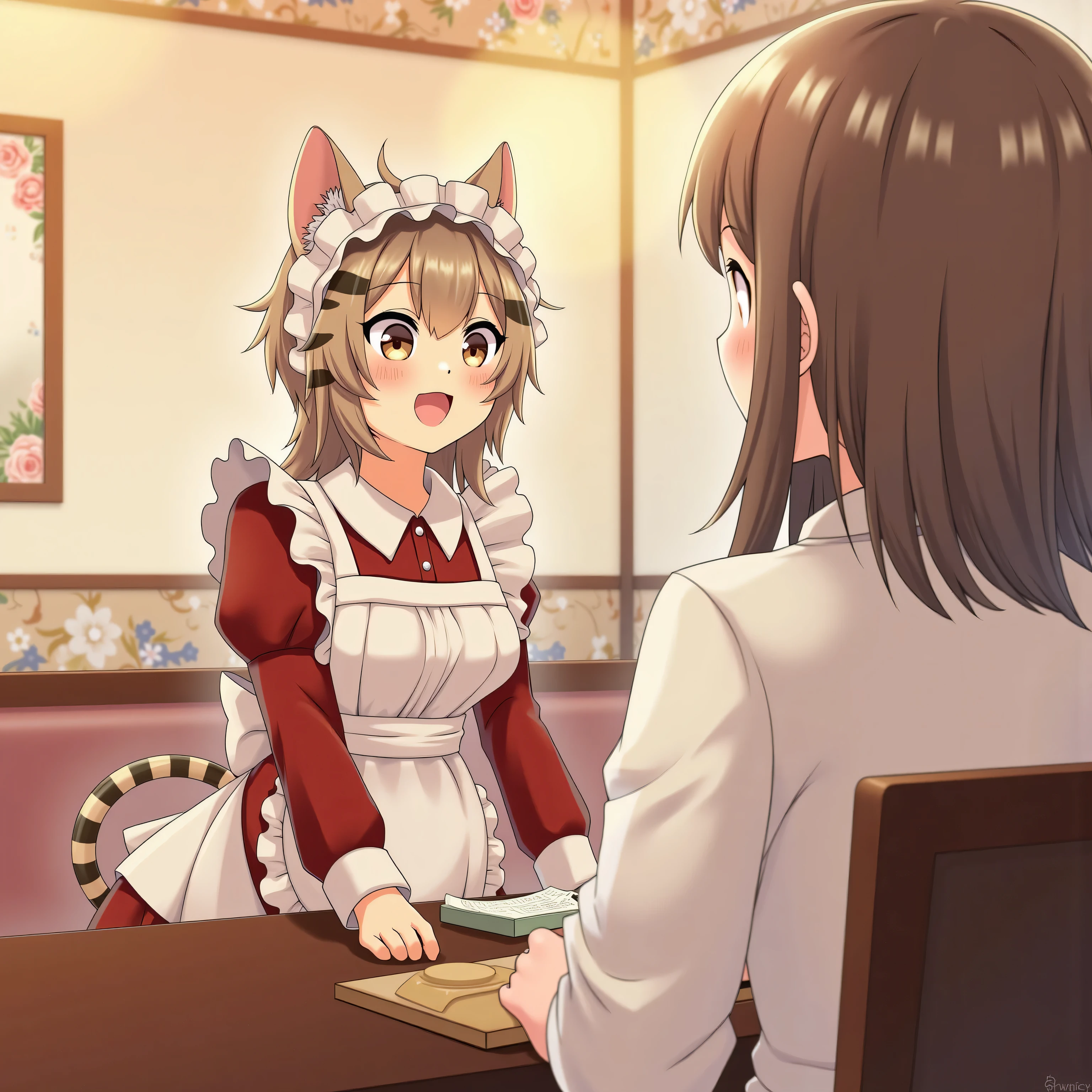 high resolution images in front of the teacher,The cat's maid、wears white and red maid clothes、striped tiger cat。Working at a maid cafe