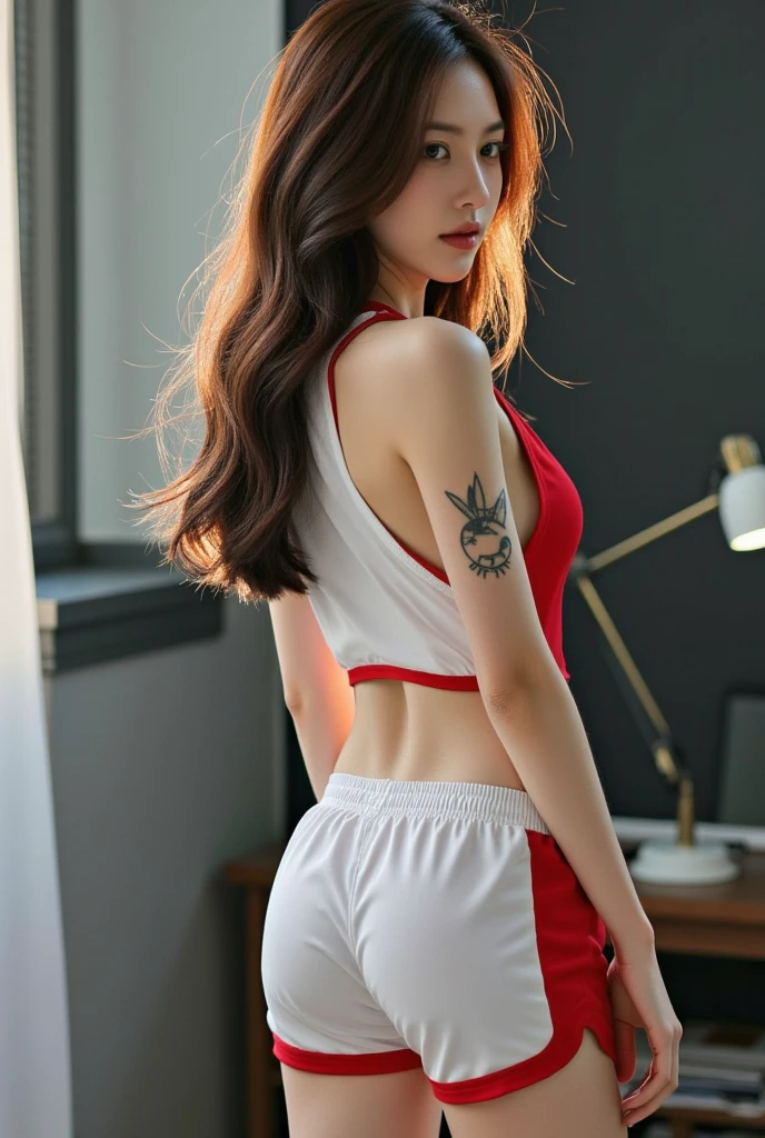 (RAW shooting, Photoreal:1.5, 8k, highest quality, masterpiece, ultra high resolution), perfect dynamic composition:1.2, Highly detailed skin and facial textures:1.2,beautiful and aesthetic:1.2, sexy beauty, perfect style, belief, Strong-willed, revenge, Fair skin, very beautiful face, (large breast, Chest gap), (beautiful eyes)(1girl, tall, long legs, navel, runny makeup, single braid, tight red top, tight red shorts:2),(simple background:1),(knees together),(standing:1.4),(full body photo:1.4),