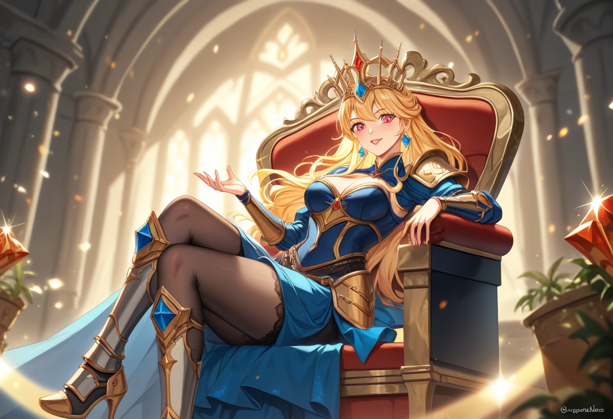 Blonde Queen Gold Tiara, armor,cleavage,castle