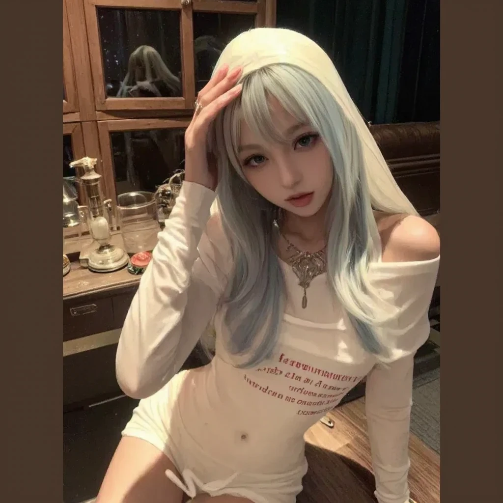 (Masterpiece, Photorealistic, High Resolution), ((1girl):1.2), Korean, ((white wavy hair):1.3), (Heterochromia eyes:1.1, Thick eyebrows, small mole below eye), (white open hoodie, black gym shorts), ((medium breast):1.2, small waist, large thighs), sitting on bed