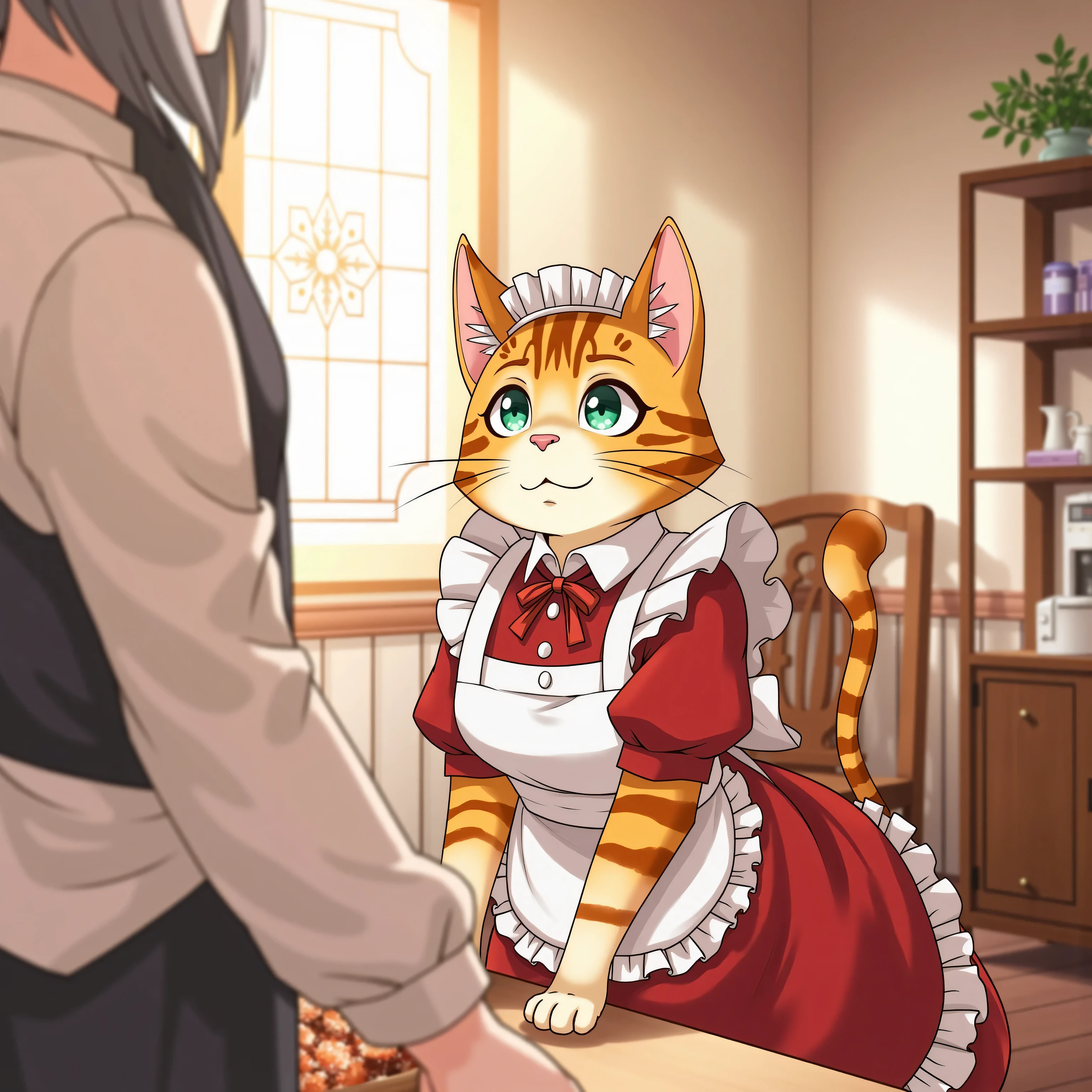high resolution images in front of the teacher,The cat's maid、wears white and red maid clothes、striped tiger cat。Working at a maid cafe