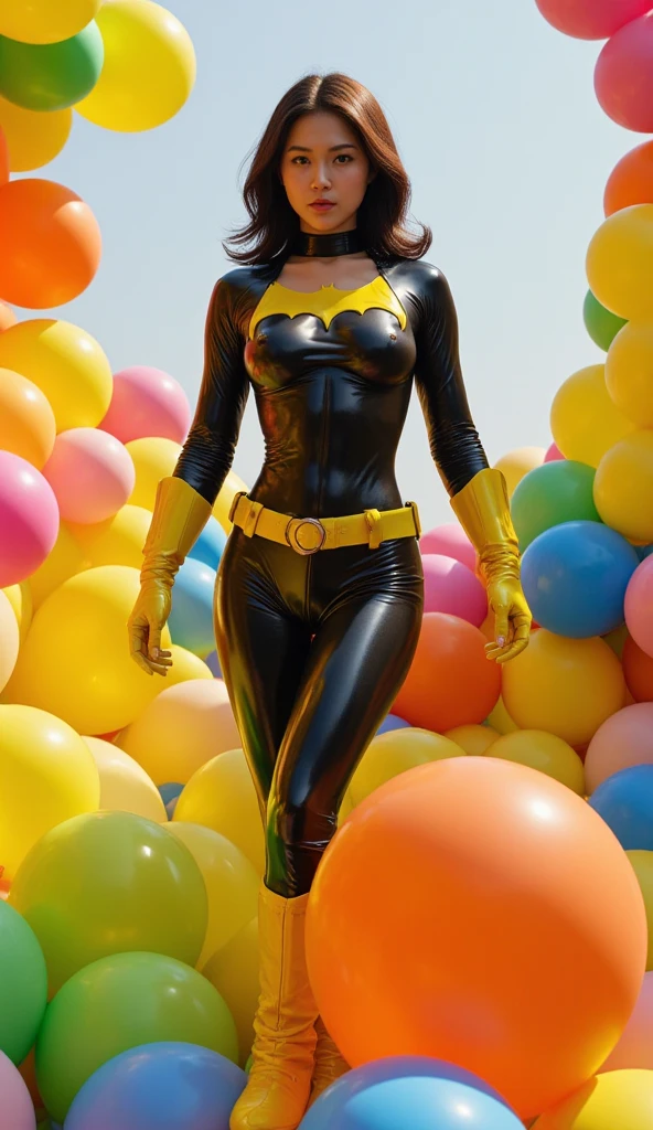 A woman is dazzled by the fantastic scenery of a rainbow on the shore, waving her hands in the air. The woman is wearing a futuristic outfit and is looking up from the bottom up.