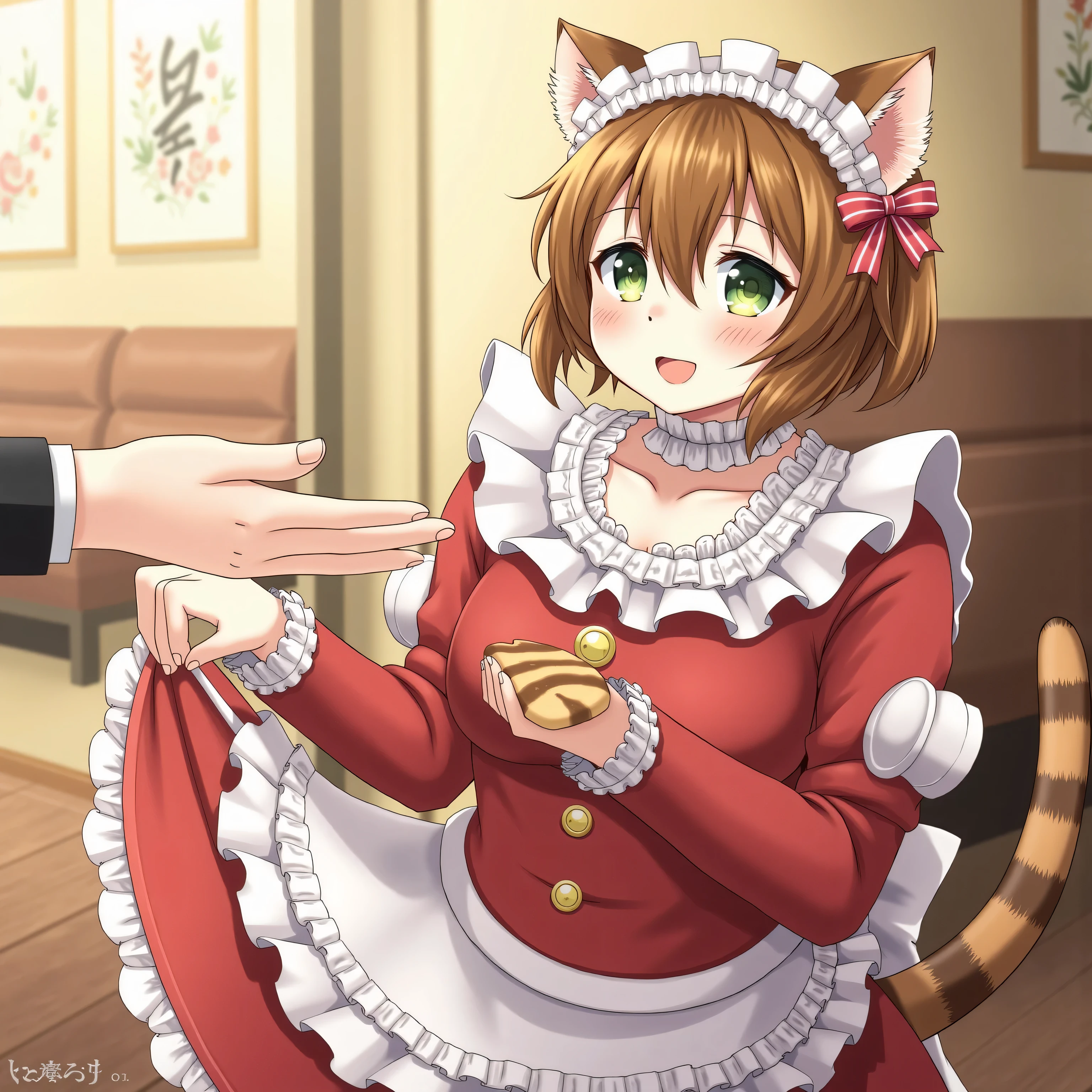 high resolution images in front of the teacher,The cat's maid、wears white and red maid clothes、striped tiger cat。Working at a maid cafe