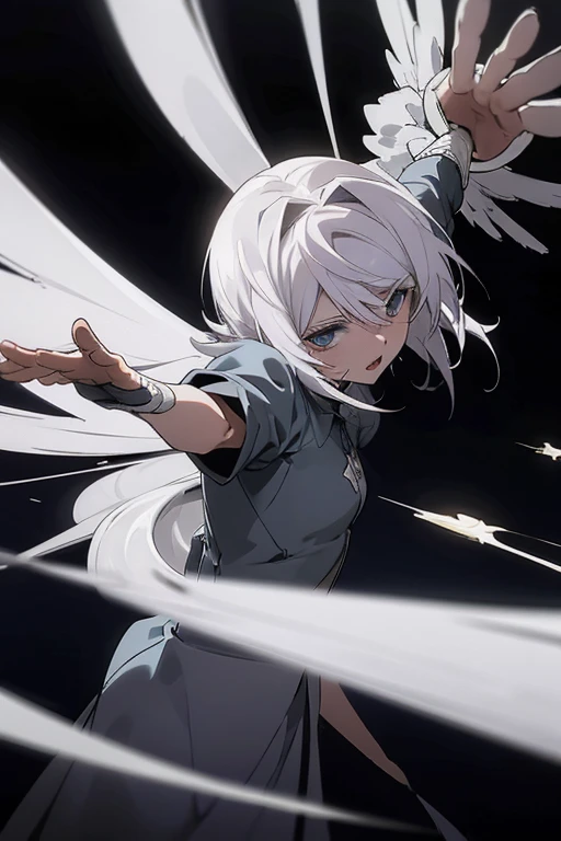 naughty girl;
Wolf ears and tail;
Long messy hair;
gray hair;
Kimono with lightning cloud details;
Rays around the body;
It's in a black space full of clouds forming;
Sky blue eyes;
