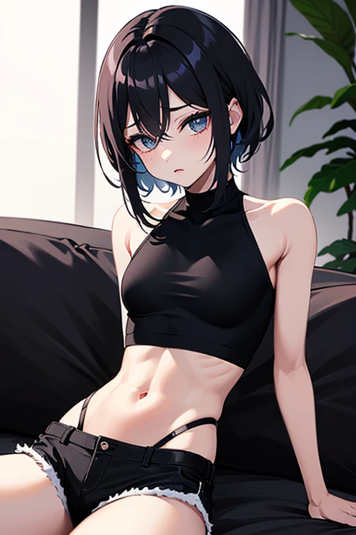 Kai Kokoa, Kaikokoa, STU48 Kai Kokoai, Short hair, Short cut, Black hair, 155 cm, Small breasts, Masterpiece, Best quality, High resolution, Solo, Small, Indoors, See-through, Misaligned bra, Side tie T-back, Crawling on all fours, From below, Anger, Bed, disheveled underwear, Rough breath, Sexual expression