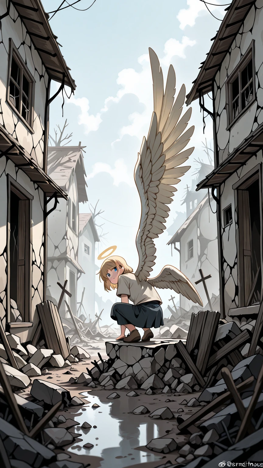 An angel protecting a child in the midst of a dangerous and chaotic environment. --auto --s2