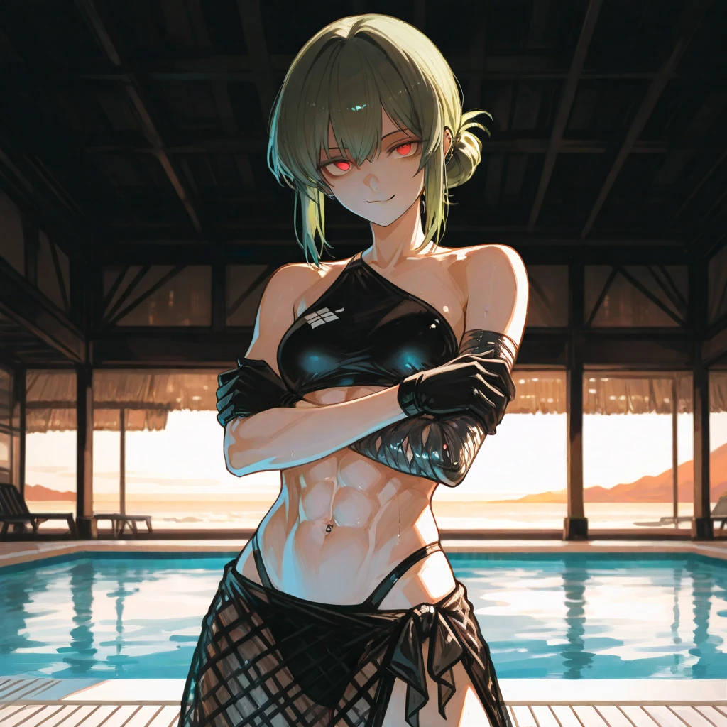 (((masterpiece、Highest image quality、highest quality、highly detailed unity 8kwallpaper)))、((Illustration of one girl))、(((beautiful girl)))、((green hair、very short hair:1.6、sidelocks、purple eyes))、(stocky build, thickset physique, muscular legs:1.5, broad shoulders, solid chest)、swimsuit、sandy beach