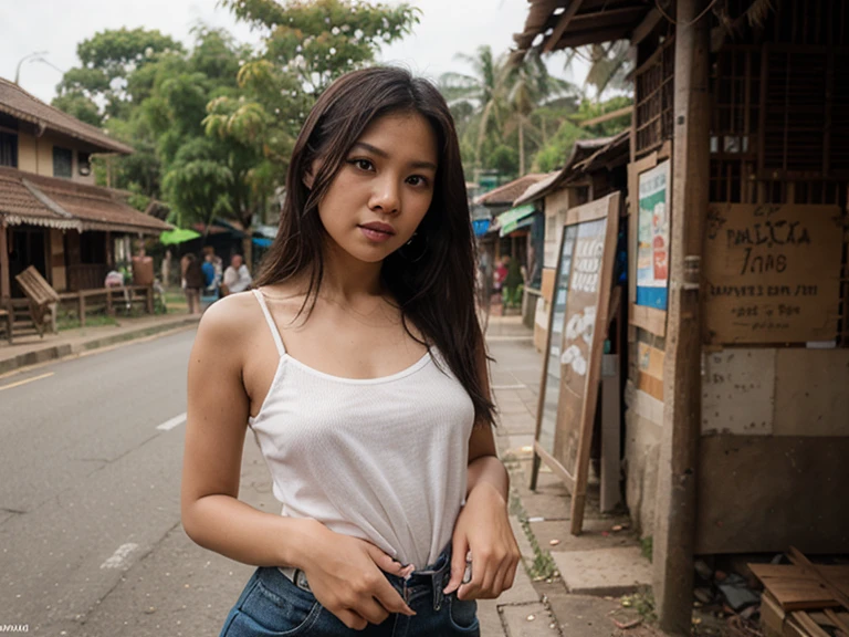 Sweet beautiful Bogor city girl, sassy girl, georgeus face, 25 years old, slim body, roman  nose, messy  wavy black hairs with a bangs blown by the hard wind, descent mixed from sundanese and javanese, wearing thin full see through  white unbuttoned lace tank top t-shirt blown by the wind, hairy vagina exposed  clearly through the clothes, wearing high heels, wearing veri thin lace whitepanty, no bra, very realistic, very detail, walking cheerful in the sunny morning on windy dusty street at Bogor, happy sweet face, very cute laughing, her body and her messy dense pubic hairs are very exposed through the clothes, sun shining her body through the clothes, from top of head to the toes are visible, very hard wind that blowing everything, hard windy enviorement, many dry leafs falling blown by the wind,